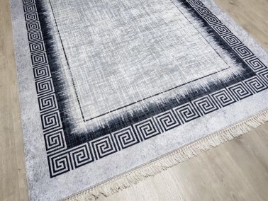 Nora Latex Non-Slip Base Digital Print Velvet Carpet Grey-White 80x150 cm - Thumbnail