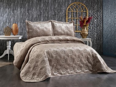 Lauren Embroidered Velvet Double Bedspread Cappucino - Thumbnail