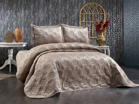 Lauren Embroidered Velvet Double Bedspread Cappucino