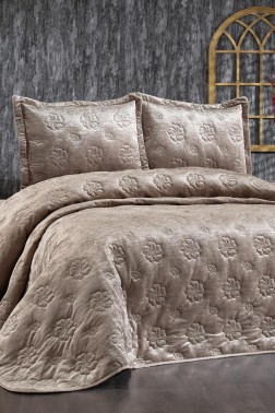 Lauren Embroidered Velvet Double Bedspread Cappucino - Thumbnail