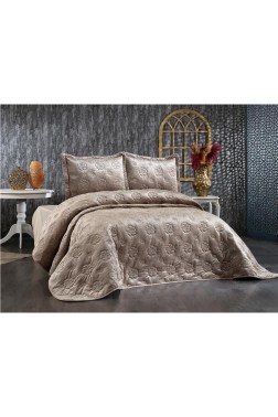 Lauren Embroidered Velvet Double Bedspread Cappucino - Thumbnail