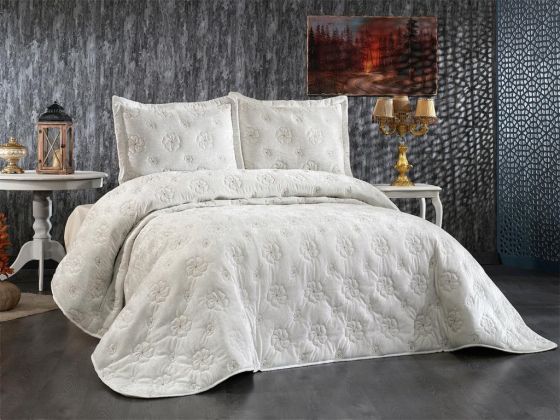 Lauren Embroidered Velvet Double Bedspread Cream