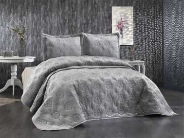 Lauren Embroidered Velvet Double Bedspread Gray - Thumbnail