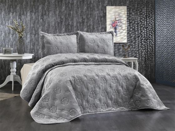 Lauren Embroidered Velvet Double Bedspread Gray