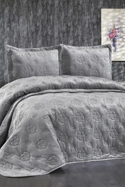 Lauren Embroidered Velvet Double Bedspread Gray - Thumbnail