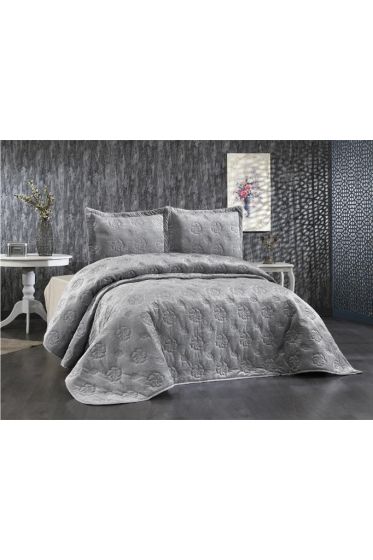 Lauren Embroidered Velvet Double Bedspread Gray