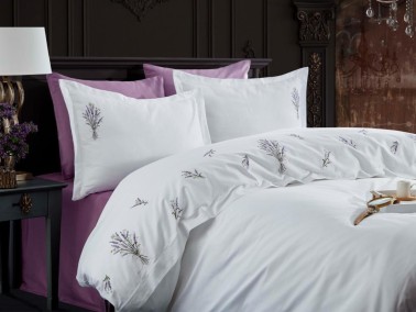 Lavender Embroidered Cotton Satin Double Duvet Cover Set - Thumbnail