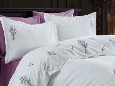 Lavender Embroidered Cotton Satin Double Duvet Cover Set - Thumbnail