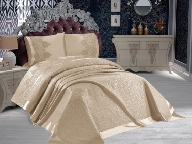 Lena French Guipure Brocade Bedspread Set Beige - Thumbnail