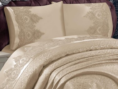 Lena French Guipure Brocade Bedspread Set Beige - Thumbnail