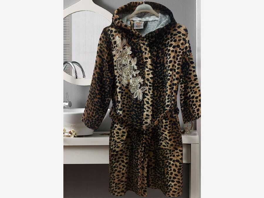 Leopard Patterned Hooded Women's Bathrobe