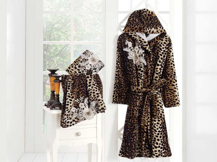 Leopard Pattern Hooded Bathrobe Set 3 Pieces