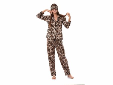 Leopard Patterned Satin Pajamas Set 5664 - Thumbnail