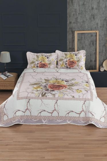 Levante Quilted Bedspread Set 3pcs, Coverlet 240x250, Pillowcase 50x70, Double Size, Salmon