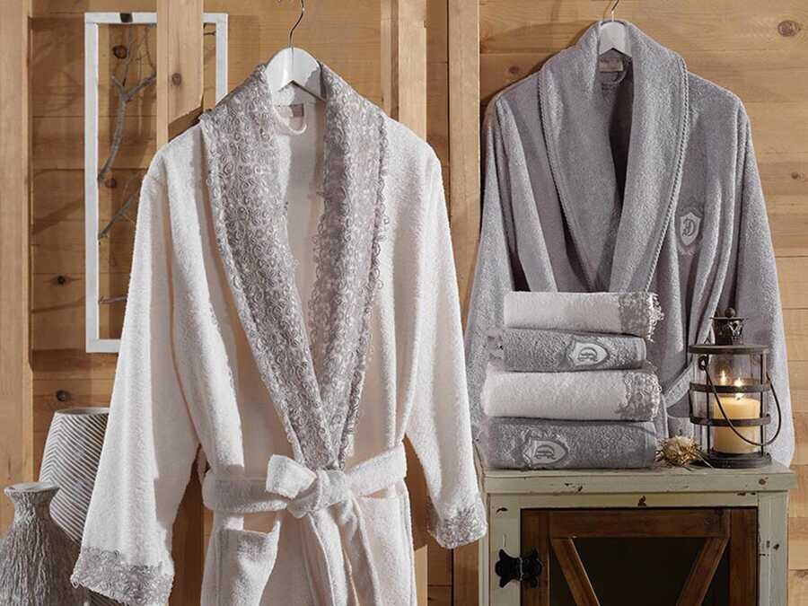  Lidya Laced Bamboo Bathrobe Set Cream Gray - Thumbnail