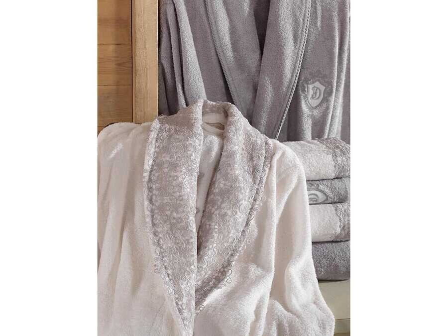  Lidya Laced Bamboo Bathrobe Set Cream Gray - Thumbnail