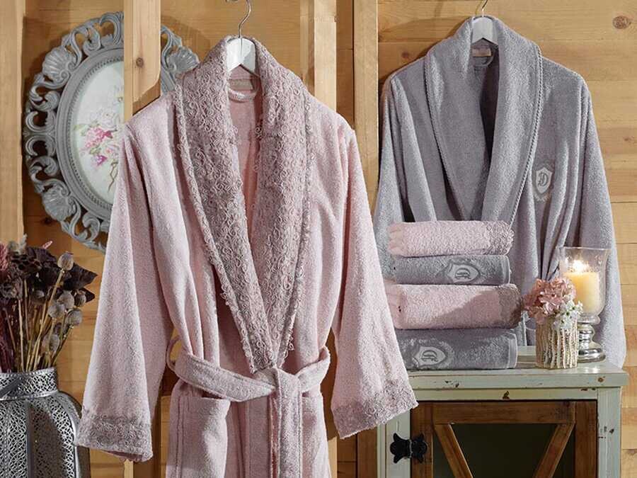  Lidya Laced Bamboo Bathrobe Set Powder Gray - Thumbnail