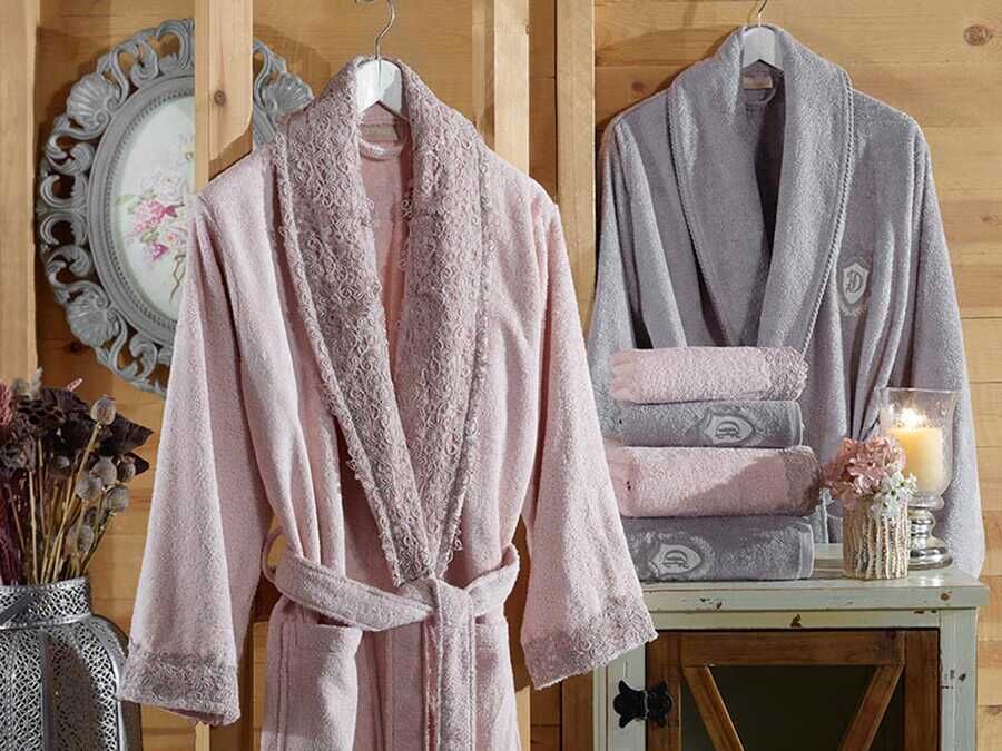  Lidya Laced Bamboo Bathrobe Set Powder Gray