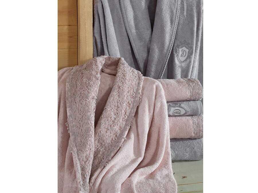  Lidya Laced Bamboo Bathrobe Set Powder Gray - Thumbnail