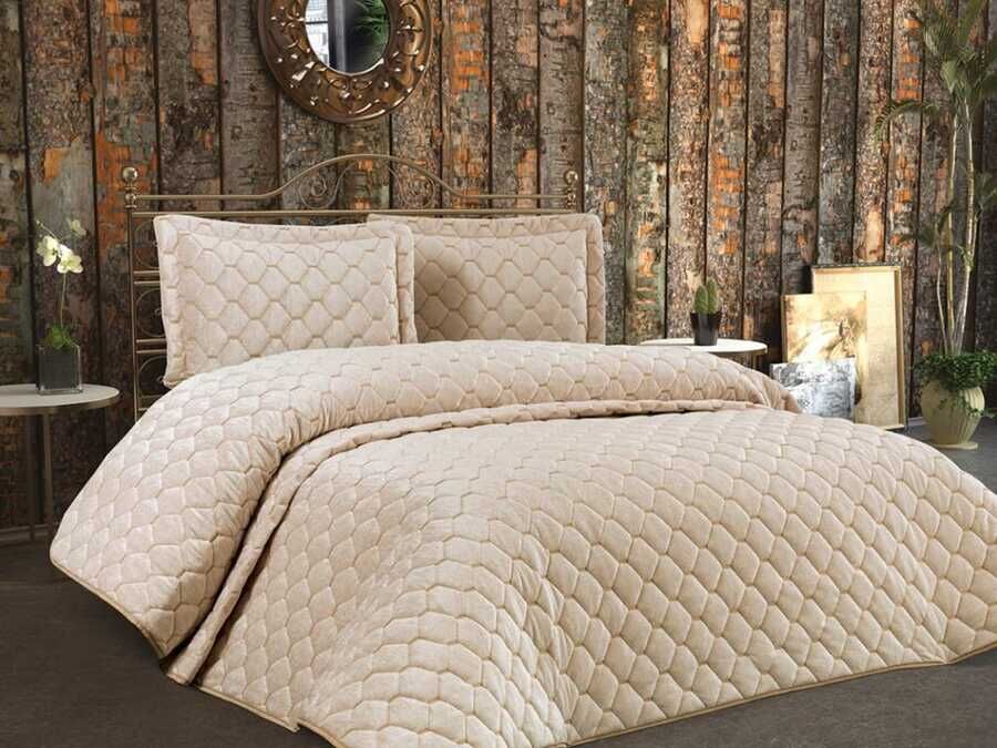 Lima Velvet Filled Double Bedspread - Cappuccino