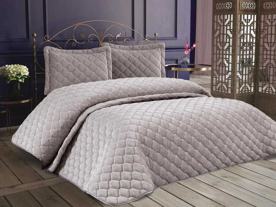 Lima Velvet Frabric Filled Double Bedspread Gray