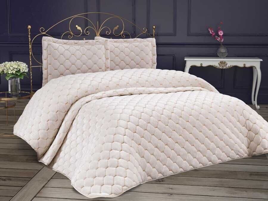 Lima Velvet Frabric Filled Double Bedspread Cream