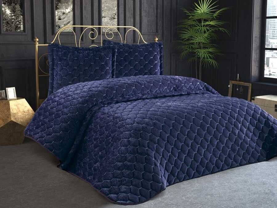 Lima Velvet Frabric Filled Double Bedspread Navy Blue