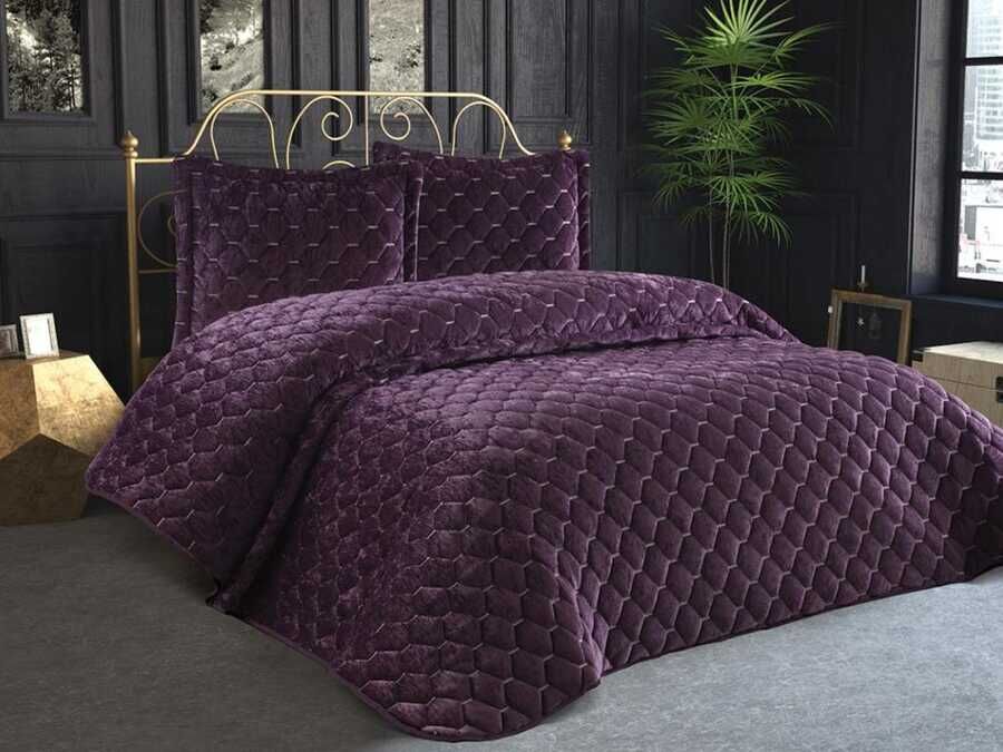Lima Velvet Frabric Filled Double Bedspread Plum