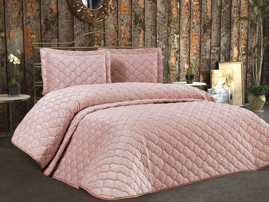 Dowry World - Lima Velvet Frabric Filled Double Bedspread Powder Dowry World - Lima Velvet Frabric Filled Double Bedspread Powder