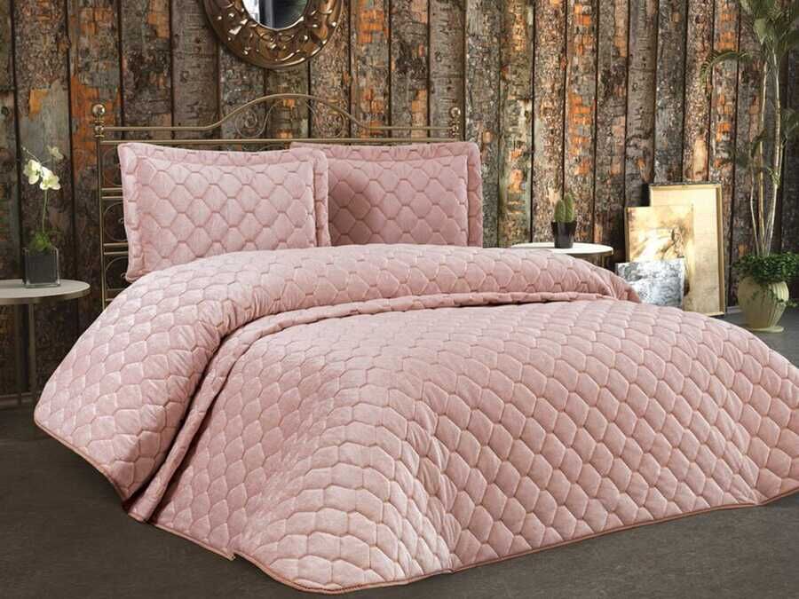 Lima Velvet Frabric Filled Double Bedspread Powder