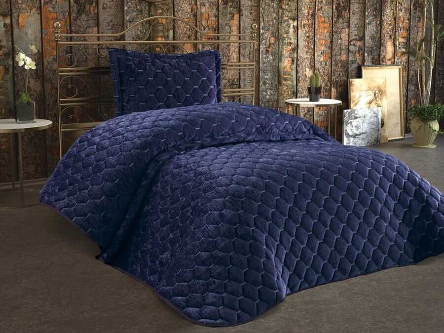 Lima Velvet Frabric Filled Single Bedspread Navy Blue