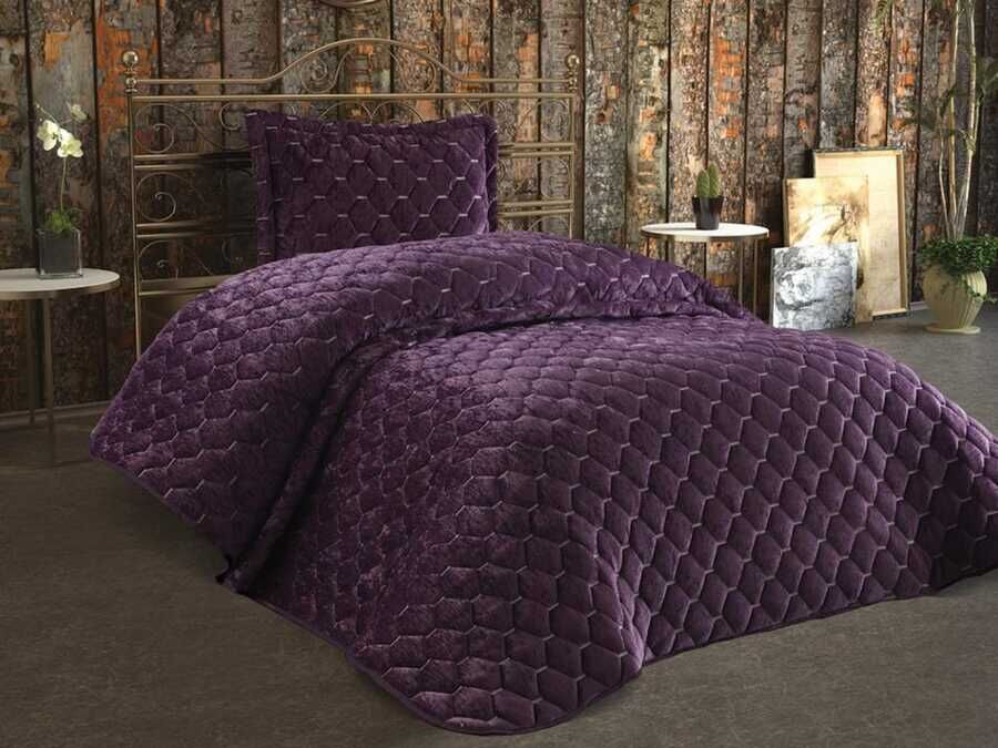 Lima Velvet Frabric Filled Single Bedspread Plum