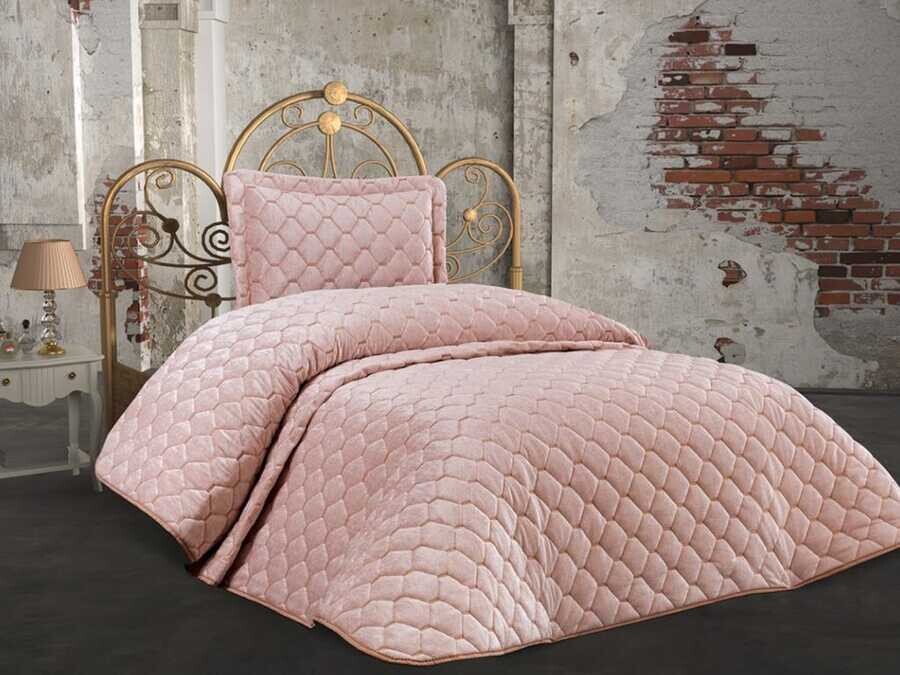 Çeyiz Diyarı - Lima Velvet Frabric Filled Single Bedspread Powder Çeyiz Diyarı - Lima Velvet Frabric Filled Single Bedspread Powder