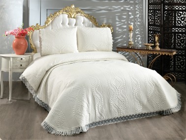 Limena Quilted Bedspread Set Double Size Lace Cream - Thumbnail