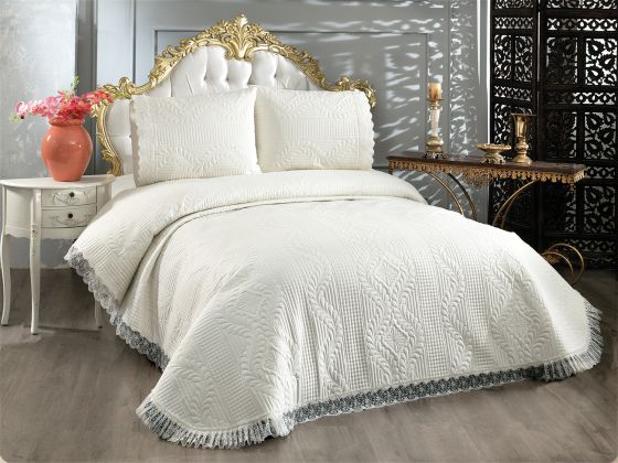 Limena Quilted Bedspread Set Double Size Lace Cream