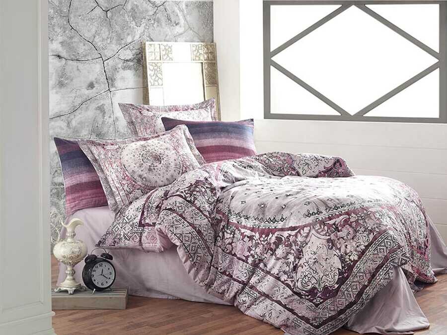  Lina Digital Premium Satin Double Duvet Cover Set Plum - Thumbnail