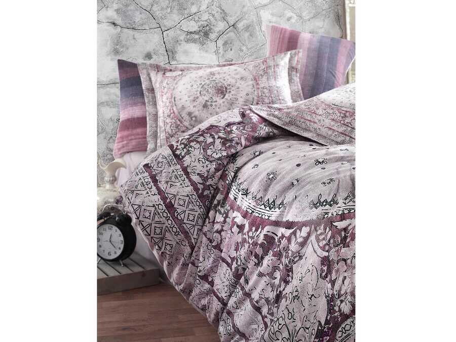  Lina Digital Premium Satin Double Duvet Cover Set Plum - Thumbnail