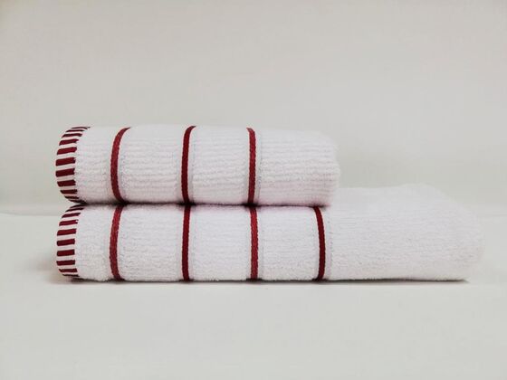 Line Double Cotton Bath Towel Set- Red White