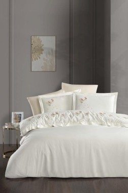 Liona Embroidered 100% Cotton Duvet Cover Set, Duvet Cover 200x220, Sheet 240x260, Double Size, Full Size Cream - Thumbnail