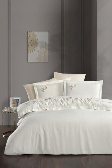Liona Embroidered 100% Cotton Duvet Cover Set, Duvet Cover 200x220, Sheet 240x260, Double Size, Full Size Cream
