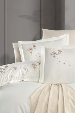 Liona Embroidered 100% Cotton Duvet Cover Set, Duvet Cover 200x220, Sheet 240x260, Double Size, Full Size Cream - Thumbnail