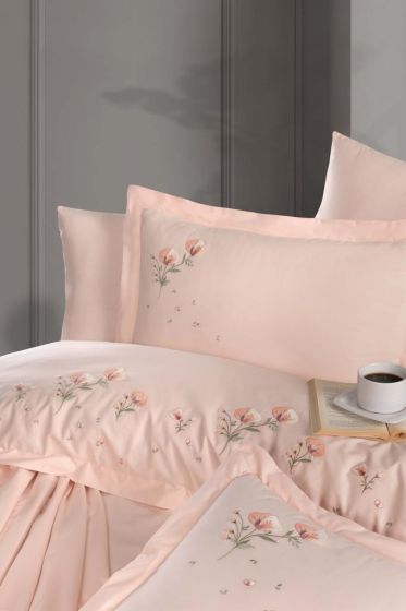 Liona Embroidered 100% Cotton Duvet Cover Set, Duvet Cover 200x220, Sheet 240x260, Double Size, Full Size Salmon