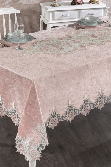 Lisa French Guipureed Velvet Tablecloth Powder