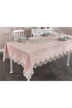 Lisa French Guipureed Velvet Tablecloth Powder - Thumbnail