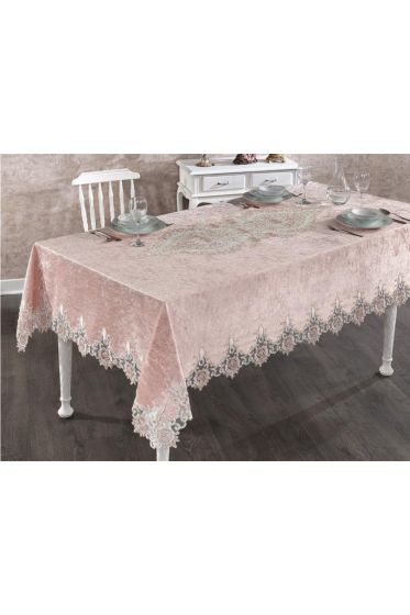 Lisa French Guipureed Velvet Tablecloth Powder