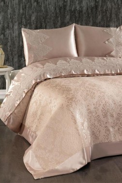 Lisbon New Season Duvet Cover Set 6Pcs Bedspread 230x240 Bedsheet 230x240 Pillowcase 4Pc Jacquard Brocade Fabric Chenille Satin Ribbon Cream - Thumbnail