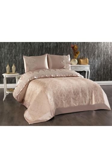 Lisbon New Season Duvet Cover Set 6Pcs Bedspread 230x240 Bedsheet 230x240 Pillowcase 4Pc Jacquard Brocade Fabric Chenille Satin Ribbon Cream