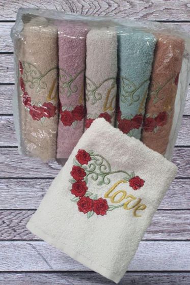 Love Cotton Embroidered Hand and Face 50x90 cm Towel Set 6 Pcs