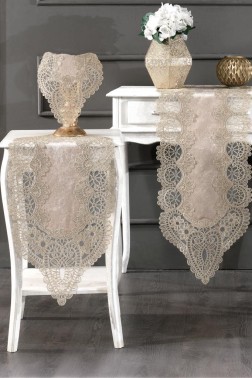 Luna Velvet Runner Set 5 Pieces For Living Room, French Lace, Wedding, Home Accessories, Cappucino - Thumbnail
