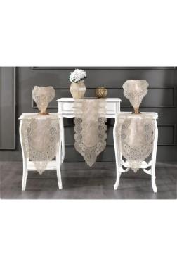 Luna Velvet Runner Set 5 Pieces For Living Room, French Lace, Wedding, Home Accessories, Cappucino - Thumbnail